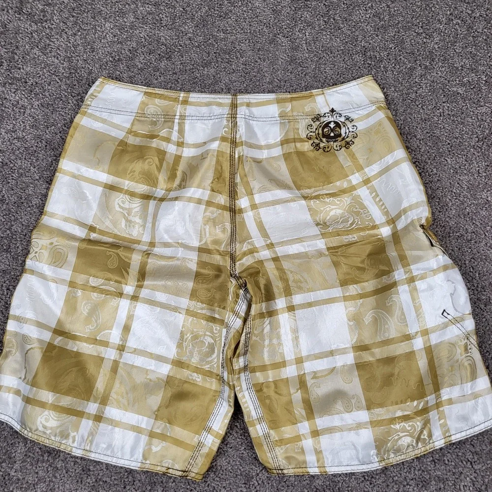 Billabong Men Board Shorts Plaid Paisley Skull Y2K Swim Trunks Gold Size 36 Rare
